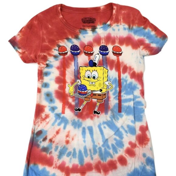 Spongebob Squarepants Juniors America Burgers Patriotic Tie Dye Shirt New - Picture 1 of 4